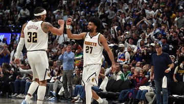 Apr 18, 2026; Denver, Colorado, USA; Denver Nuggets guard Jamal Murray (27) and forward Aaron Gordon (32) celebrate after a score during the second half against the Minnesota Timberwolves in game one of the first round of the 2026 NBA Playoffs at Ball Arena. Mandatory Credit: Christopher Hanewinckel-Imagn Images