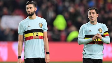 Los jugadores de la selecci&oacute;n de B&eacute;lgica, Yannick Ferreira-Carrasco y Eden Hazard.