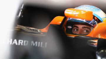 MELBOURNE, AUSTRALIA - MARCH 24: Fernando Alonso of Spain and McLaren Honda sits in his car in the garage during practice for the Australian Formula One Grand Prix at Albert Park on March 24, 2017 in Melbourne, Australia. (Photo by Clive Mason/Getty Images)