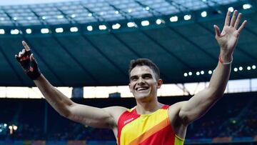Spain's Bruno Hortelano reacts after the men's 200m semi-final race during the European Athletics Championships at the Olympic stadium in Berlin on August 8, 2018. (Photo by Tobias SCHWARZ / AFP)