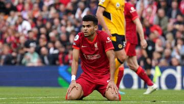 Liverpool's Luis Diaz looks dejected during the Premier League match at Anfield, Liverpool. Picture date: Sunday May 22, 2022. (Photo by Peter Byrne/PA Images via Getty Images)