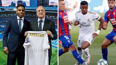 Rodrygo posando con Florentino en su presentaci&oacute;n (izquierda) y el brasile&ntilde;o el pasado domingo contra el Eibar en el regreso a la Liga. Ha pasado un a&ntilde;o desde su fichaje.