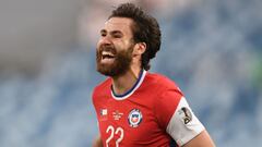 Chile&#039;s Ben Brereton celebrates after scoring against Bolivia during their Conmebol Copa America 2021 football tournament group phase match at the Pantanal Arena in Cuiaba, Brazil, on June 18, 2021. (Photo by Douglas MAGNO / AFP) (Photo by DOUGLAS MAGNO/AFP via Getty Images)