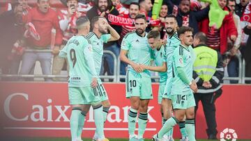 Los jugadores del Granada celebran el primer tanto en Anduva.