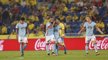 Pablo Hernández, Cabral, Emre Mor y Wass celebran el primer tanto del Celta contra Las Palmas.