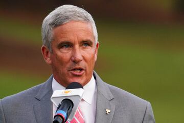 FILE PHOTO: Sep 25, 2022; Charlotte, North Carolina, USA; PGA Tour commissioner Jay Monahan talks during the singles match play of the Presidents Cup golf tournament at Quail Hollow Club. Mandatory Credit: Peter Casey-USA TODAY Sports/File Photo