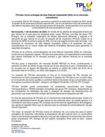 Comunicado emitido por TPLGas, filial de TPL Energía, sobre la distribución de la primera carga de Gas Natural Importado en Colombia. Foto: Redes sociales.