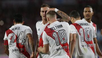 BUENOS AIRES, ARGENTINA - APRIL 13:  Lucas Beltran of River Plate celebrates with teammates after scoring the team's first goal via penalty during a Liga Profesional 2023 match between River Plate and Gimnasia y Esgrima La Plata at Estadio Mas Monumental Antonio Vespucio Liberti on April 13, 2023 in Buenos Aires, Argentina. (Photo by Daniel Jayo/Getty Images)