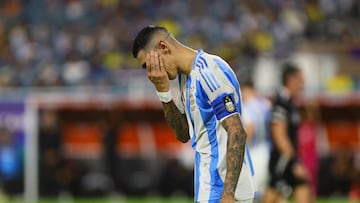 Jul 14, 2024; Miami, FL, USA; Argentina forward Angel Di Maria (11) reacts during the second half of extra time against Colombia of the Copa America final at Hard Rock Stadium. Mandatory Credit: Sam Navarro-USA TODAY Sports