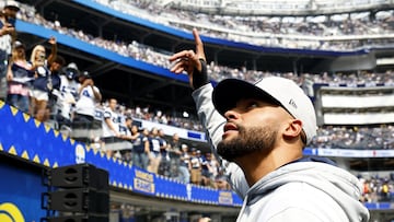 INGLEWOOD, CALIFORNIA - OCTOBER 09: Dak Prescott of the Dallas Cowboys looks on against the Los Angeles Ramsat SoFi Stadium on October 09, 2022 in Inglewood, California.   Ronald Martinez/Getty Images/AFP