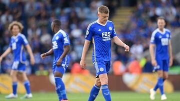 LEICESTER, ENGLAND - MAY 28: Harvey Barnes of Leicester City reacts during the Premier League match between Leicester City and West Ham United at The King Power Stadium on May 28, 2023 in Leicester, England. (Photo by Michael Regan/Getty Images)