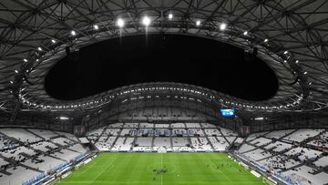 (FILES) This file photo taken on October 20, 2019 shows the Velodrome Stadium prior to the French L1 football match between Olympique de Marseille (OM) and Racing Club de Strasbourg Alsace (RCS) in Marseille, southern France. - France's stadiums and