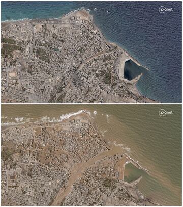 Dos fotografías desde el satélite que muestra la ciudad de Derna antes y después del paso del medicán. 