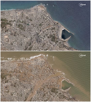 Dos fotografías desde el satélite que muestra la ciudad de Derna antes y después del paso del medicán. 