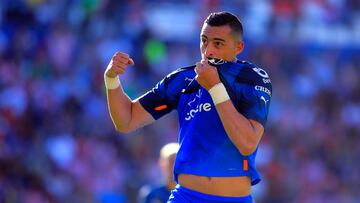 MEX8793. SAN LUIS POTOSÍ (MÉXICO), 17/07/2022.- Rogelio Funes Mori de Monterrey celebra un gol anotado al Atlético San Luis, durante un partido por la jornada 3 del torneo Apertura 2022 de la Liga MX hoy en el estadio Alfonso Lastras, en San Luis Potosí (México). EFE/Víctor Cruz
