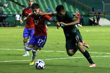 El jugador de la seleccion Chilena Sub 20, Manuel Lolas, juega el balón contra Bolivia durante el partido del grupo B.