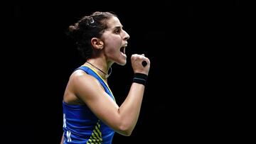 NANJING, CHINA - AUGUST 04: Carolina Marin of Spain celebrate after defeating He Bingjiao of China in their Women's Singles Semifinals match during the Badminton World Championships at Nanjing Youth Olympic Games Sport Park on August 4, 2018 in Nanjing, China. (Photo by Lintao Zhang/Getty Images)