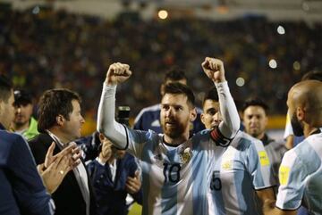 Messi celebrates in Ecuador after his hat-trick ensured World Cup qualification for the Albiceleste.