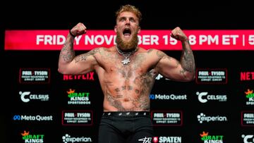 US boxer and actor Jake Paul gestures during his weigh-in ahead of his heavyweight boxing match against Former US heavyweight boxing champion Mike Tyson in Irving, Texas, on November 14, 2024. (Photo by TIMOTHY A. CLARY / AFP)