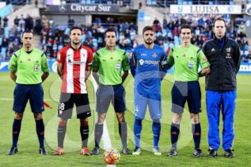 Getafe-Athletic de Bilbao. El árbitro Xavier Estrada Fernández acompañado por sus asistentes Miguel Martinez Munuera y Francisco J. Martín García, el cuarto árbitro Francisco Javier Fernández Vidal y los capitanes Gurpegui y Pedro León.