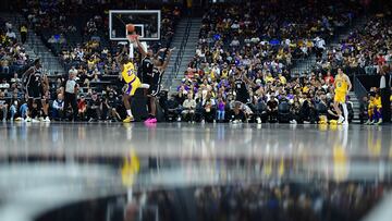 Los Angeles Lakers forward LeBron James (23) shoots against the Brooklyn Nets during the first half at T-Mobile Arena.