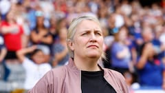 COMMERCE CITY, COLORADO - JUNE 01: Head coach Emma Hayes of the U.S. Women's National Team looks on during the National anthem before the game against Korea Republic at Dick's Sporting Goods Park on June 1, 2024 in Commerce City, Colorado.   C. Morgan Engel/Getty Images/AFP (Photo by C. Morgan Engel / GETTY IMAGES NORTH AMERICA / Getty Images via AFP)