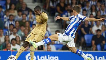 SAN SEBASTIAN, SPAIN - 21 August: Ousmane Dembele right winger of Barcelona and France shooting to goal during the La Liga Santander match between Real Sociedad and FC Barcelona at Reale Arena on August 21, 2022 in San Sebastian, Spain. (Photo by Jose Hernandez/Anadolu Agency via Getty Images)
