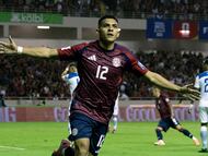 Costa Rica's forward #12 Alonso Martinez celebrates after scoring a goal during the 2026 FIFA World Cup Concacaf qualifier football match between Costa Rica and Nicaragua at the National Stadium in San Jose on October 13, 2025. (Photo by EZEQUIEL BECERRA / AFP)