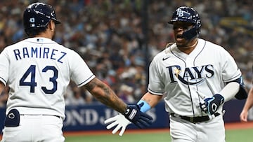 Jun 21, 2022; St. Petersburg, Florida, USA; Tampa Bay Rays first baseman Isaac Paredes (17) celebrates with designated hitter Harold Ramirez (43) after hitting a solo home run in the first inning against the New York Yankees at Tropicana Field. Mandatory Credit: Jonathan Dyer-USA TODAY Sports