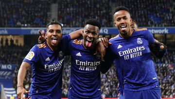 Rodrygo, Vinicius y Militao, durante el Real Sociedad-Real Madrid esta temporada.