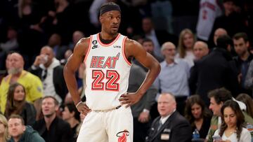 Mar 29, 2023; New York, New York, USA; Miami Heat forward Jimmy Butler (22) reacts during the fourth quarter against the New York Knicks at Madison Square Garden. Mandatory Credit: Brad Penner-USA TODAY Sports