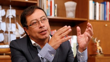 FILE PHOTO: Then Colombian presidential candidate Gustavo Petro, speaks during an interview with Reuters in Bogota, Colombia, April 10, 2018. Picture taken April 10, 2018. REUTERS/Jaime Saldarriaga/File Photo