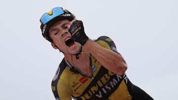 LAGOS DE COVADONGA (ASTURIAS), 01/09/2021.- El esloveno Primoz Roglic (Jumbo Visma) celebras tras imponerse en solitario en la 17ª etapa de la Vuelta este miércoles, entre Unquera (Cantabria) y los Lagos de Covadonga, tras 185,8 km de recorrido. EFE/Manuel Bruque