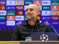 Manchester City's Spanish head coach Pep Guardiola gives a press conference on the eve of the UEFA Champions League league phase day 6 football match between Real Madrid CF and Manchester City at Santiago Bernabeu Stadium in Madrid on December 9, 2025. (Photo by Thomas COEX / AFP)