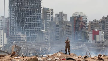 A soldier stands at the devastated site of the explosion at the port of Beirut, Lebanon August 6, 2020. Thibault Camus/Pool via REUTERS