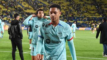 Barcelona's Brazilian forward #19 Vitor Roque and Barcelona's Portuguese forward #14 Joao Felix leave at the end of the Spanish league football match between UD Las Palmas and FC Barcelona at the Gran Canaria stadium in Las Palmas de Gran Canaria, on January 4, 2024. (Photo by DESIREE MARTIN / AFP)