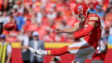 KANSAS CITY, MISSOURI - AUGUST 17: Matt Araiza #49 of the Kansas City Chiefs punts during the second quarter during a preseason game against the Detroit Lions at GEHA Field at Arrowhead Stadium on August 17, 2024 in Kansas City, Missouri. David Eulitt/Getty Images/AFP (Photo by David Eulitt / GETTY IMAGES NORTH AMERICA / Getty Images via AFP)