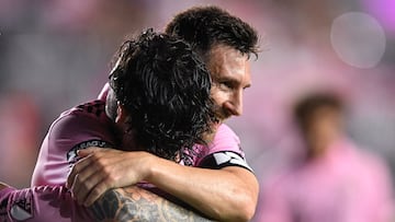 Aug 11, 2023; Fort Lauderdale, FL, USA; Inter Miami CF forward Lionel Messi (10) celebrates with forward Leonardo Campana (9) after a goal in the second half against Charlotte FC at DRV PNK Stadium. Mandatory Credit: Jeremy Reper-USA TODAY Sports     TPX IMAGES OF THE DAY