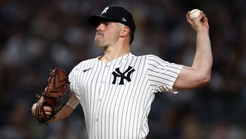 Oct 7, 2024; Bronx, New York, USA; New York Yankees pitcher Carlos Rodon (55) throws a pitch against the Kansas City Royals in the first inning during game two of the ALDS for the 2024 MLB Playoffs at Yankee Stadium. Mandatory Credit: Vincent Carchietta-Imagn Images