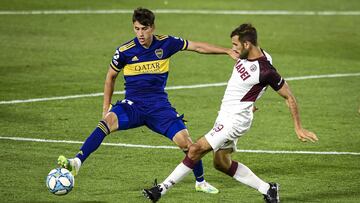BUENOS AIRES, ARGENTINA - NOVEMBER 20: Facundo Quignon of Lanus kicks the ball during a match between Boca Juniors and Lanus as part of Copa Liga Profesional 2020 at Estadio Alberto J. Armando on November 20, 2020 in Buenos Aires, Argentina. (Photo by Ma