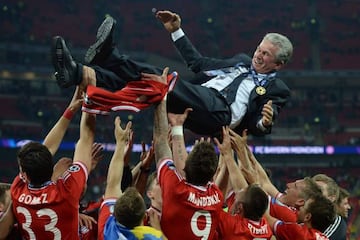 Current Bayern Munich head coach Jupp Heynckes being thrown in the air by the players after their victory in the UEFA Champions League final in his previous stint.