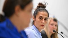 Spain's women's national football team head coach Montserrat Tome attends a press conference in Gothenburg, Sweden, on September 21, 2023, on the eve of their UEFA Nations League football match against Sweden. (Photo by Jonathan NACKSTRAND / AFP)