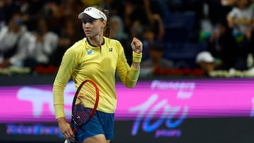 Elena Rybakina of Kazakhstan reacts during the women's singles semi-final match against Anastasia Pavlyuchenkova of Russia at the Qatar Open tennis tournament in Doha on February 16, 2024. (Photo by KARIM JAAFAR / AFP)