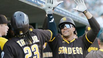 DETROIT, MI - JULY 21: Juan Soto #22 of the San Diego Padres celebrates with Fernando Tatis Jr. #23 after hitting a two-run home run that drove in the pair against the Detroit Tigers during the third inning at Comerica Park on July 21, 2023 in Detroit, Michigan.   Duane Burleson/Getty Images/AFP (Photo by Duane Burleson / GETTY IMAGES NORTH AMERICA / Getty Images via AFP)