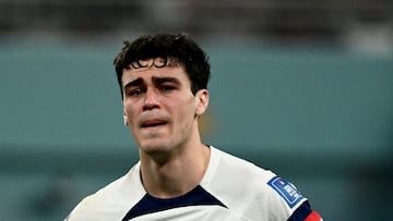 USA's forward #07 Giovanni Reyna reacts at the end of the Qatar 2022 World Cup round of 16 football match between the Netherlands and USA at Khalifa International Stadium in Doha on December 3, 2022. (Photo by Jewel SAMAD / AFP)