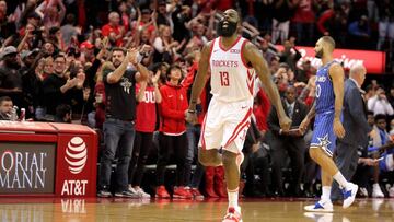 Jan 27, 2019; Houston, TX, USA; Houston Rockets guard James Harden (13) celebrates a made basket against the Orlando Magic during the fourth quarter at Toyota Center. Mandatory Credit: Erik Williams-USA TODAY Sports