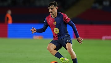 Barcelona's Spanish midfielder #08 Pedri controls the ball during the Spanish league football match between FC Barcelona and RCD Mallorca at the Estadi Olimpic Lluis Companys in Barcelona, on April 22, 2025. (Photo by LLUIS GENE / AFP)