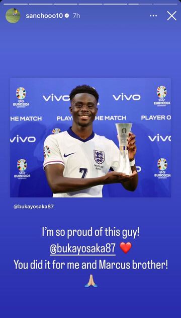 Jadon Sancho, jugador del Manchester United, manda un mensaje a Bukayo Saka en redes sociales tras la victoria de Inglaterra ante Suiza en los cuartos de final de la Eurocopa 2024.