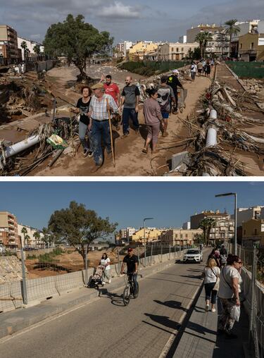 Imagen superior: La gente cruza un puente a través de montones de escombros en el municipio de Paiporta. Imagen inferior: Así se encuentra la misma zona en la actualidad. 