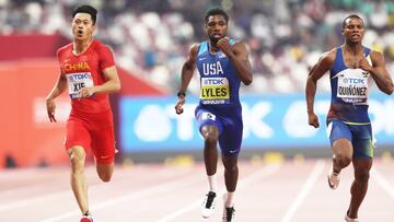 Zhenye Xie, Noah Lyles y Alex Quiñónez.